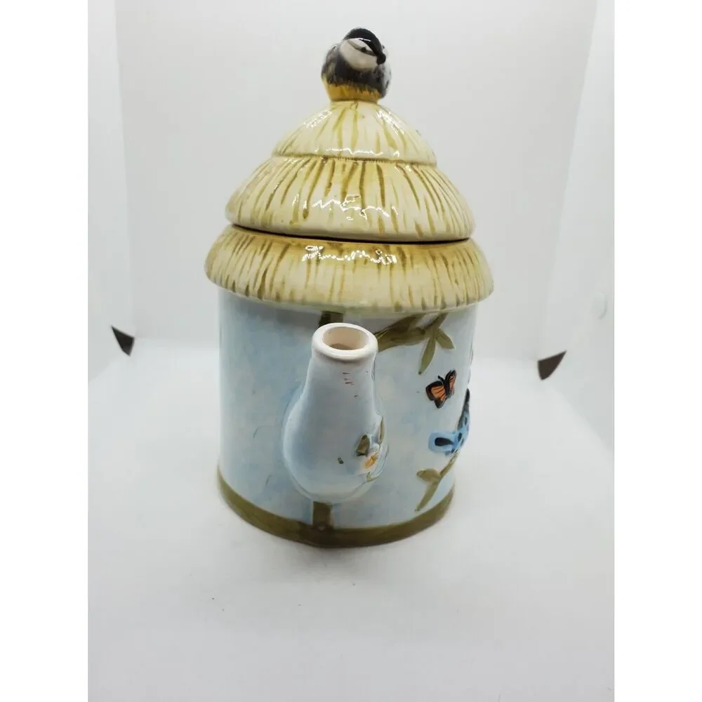 Vintage Bird Teapot Cottagecore Thatched Roof Hand Painted Cottage Tea Pot 6.5